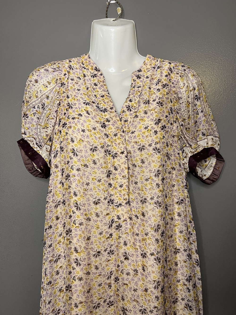 Ann Taylor Dress Womens XS Beige Floral Henley Puff Sleeve Maxi Boho Chiffon
